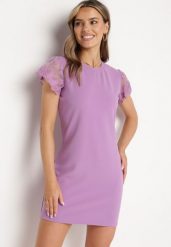 Fioletowa Dopasowana Sukienka z Koronkowym Rękawkiem Cidariana. Fioletowe sukienki damskie Born2be, bez wzorów, z koronki, eleganckie, bez ramiączek. Za 89.99 zł.