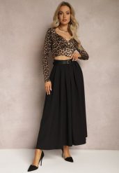 Czarna Rozkloszowana Spódnica z Szerokimi Plisami i Paskiem z Ekoskóry Awhisa. Czarne spódnice damskie Renee, m, bez wzorów, klasyczne, maxi. Za 169.99 zł.