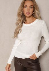 Biała Casualowy Sweter z Prążkowanego Materiału Zintra. Białe swetry klasyczne damskie Renee, m, z jeansu, bez kołnierzyka. Za 69.99 zł.