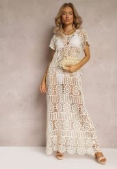 Beżowa Ażurowa Sukienka Plażowa z Bawełny Taymbeth. Brązowe sukienki damskie Renee, w ażurowe wzory, z bawełny, eleganckie, bez ramiączek. W wyprzedaży za 143.99 zł.