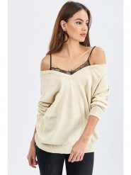 Milan Kiss Sweter w kolorze beżowym rozmiar: S. Brązowe swetry klasyczne damskie Milan Kiss, s, z koronki, bez kołnierzyka. Za 88.02 zł.