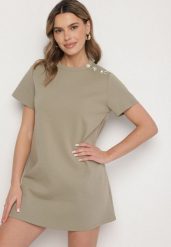 Ciemnozielona Trapezowa Sukienka z Bawełną Ozdobione Guzikami Dervelle. Zielone sukienki damskie Born2be, bez wzorów, z bawełny, klasyczne, bez ramiączek. Za 139.99 zł.