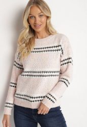 Jasnoróżowy Sweter z Bawełną Ozdobiony Paskami Ejasevia. Czerwone swetry klasyczne damskie Born2be, na zimę, z bawełny, bez kołnierzyka. Za 74.99 zł.