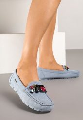 Jasnoniebieskie Mokasyny z Wkładką ze Skóry Naturalnej Veso. Niebieskie mokasyny damskie Renee, z jeansu, bez obcasa. Za 79.99 zł.