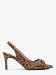 Czółenka typu slingback w panterkę z kokardką OFELIA. Brązowe czółenka damskie Ryłko, bez wzorów, z gumy, bez obcasa, na szpilce. W wyprzedaży za 299.99 zł.