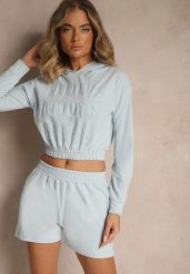 Jasnoniebieski Komplet z Bawełny w Sportowym Stylu Bluza z Kapturem i Szorty Izurea. Niebieskie bluzy damskie Renee, na lato, bez wzorów, z bawełny, z kapturem. Za 89.99 zł.