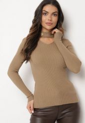 Jasnobeżowy Sweter z Golfem z Ozdobnym Wycięciem Essine. Brązowe golfy damskie Born2be, bez wzorów, bez ramiączek. Za 39.99 zł.