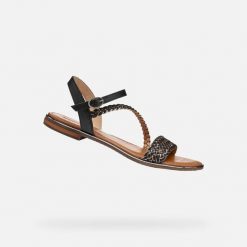 Sandały GEOX D55DQD Czarny. Czarne sandały damskie Geox, bez wzorów, ze skóry, bez obcasa, bez zapięcia. Za 330.99 zł.