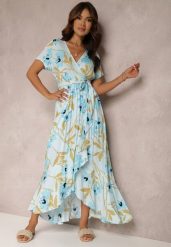 Jasnoniebieska Sukienka Farida. Niebieskie sukienki damskie Renee, z aplikacjami, z materiału, boho, bez ramiączek. W wyprzedaży za 83.99 zł.