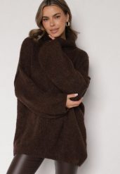 Brązowy Gładki Golf Oversize z Domieszką Wełny i Wiskozy Nerafera. Brązowe golfy damskie Born2be, bez wzorów, z jeansu, bez ramiączek. Za 179.99 zł.