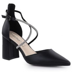 Sandały damskie na słupku z cyrkoniami czarne Sabatina 750-1. Czarne sandały damskie Sabatina, bez wzorów, z materiału, bez obcasa, na słupku, bez zapięcia. Za 129.99 zł.