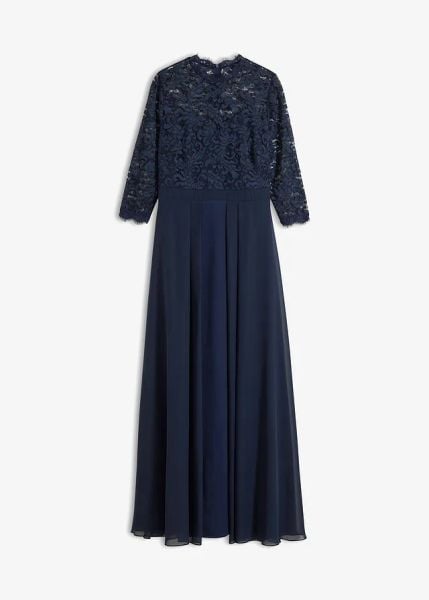 Długa sukienka z koronką. Niebieskie sukienki damskie bonprix, bez wzorów, z koronki, wizytowe, bez ramiączek. Za 359.99 zł.