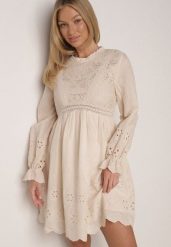 Beżowa Sukienka w Rustykalnym Stylu z Haftowanej Tkaniny z Bawełną Delogana. Brązowe sukienki damskie Born2be, w ażurowe wzory, z bawełny, eleganckie, bez ramiączek. Za 139.99 zł.