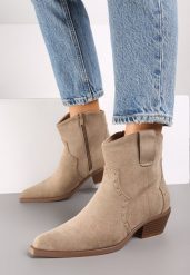 Ciemnobeżowe Botki Kowbojki z Ekozamszu na Niskim Słupku Nevelita. Brązowe botki damskie Born2be, z jeansu, eleganckie, bez obcasa, na obcasie, bez zapięcia. Za 109.99 zł.
