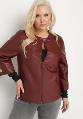 Bordowa Gładka Kurtka Ramoneska z Rękawem 3/4 Mirseli. Czerwone kurtki damskie Born2be, xl, bez wzorów, z jeansu, bez kaptura. Za 179.99 zł.