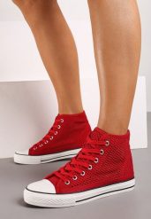 Czerwone Trampki z Wysoką Cholewką Ozdobione Perforacją Velagia. Czerwone trampki damskie Born2be, bez wzorów, przed kolano, bez zapięcia. Za 19.99 zł.