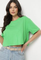 Jasnozielony Krótki T-shirt Oversize Lilu. Zielone t-shirty damskie Born2be, l, bez wzorów, z bawełny, bez kołnierzyka. Za 29.99 zł.
