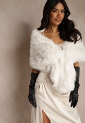 Białe Ponczo w Ozdobne Futerko Inesema. Białe swetry klasyczne damskie Renee, z futra, bez kołnierzyka. Za 119.99 zł.