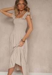 Beżowa Sukienka z Bawełny na Ramiączkach Ozdobiona Falbanami i Gumkami Mevalys. Brązowe sukienki damskie Renee, bez wzorów, z bawełny, eleganckie, bez ramiączek. Za 49.99 zł.