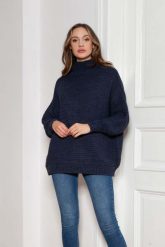 Oversizowy Sweter z Luźnym Golfem - Granatowy. Niebieskie golfy damskie Lanti, uniwersalny, z materiału, bez kołnierzyka. Za 249.90 zł.