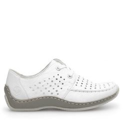 Półbuty Rieker. Białe półbuty damskie Rieker, bez wzorów, bez obcasa, na płaskiej podeszwie, bez zapięcia. Za 299.99 zł.