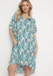 Jasnoniebieska Pudełkowa Sukienka Koszulowa z Wiskozy w Ornamentalny Print Vanisse. Niebieskie sukienki damskie Born2be, bez wzorów, z wiskozy, bez ramiączek. Za 89.99 zł.