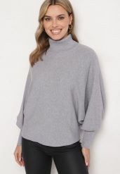Szary Golf z Wiskozą w Stylu Nietoperza ze Ściągaczami Sallonia. Szare golfy damskie Born2be, m, bez wzorów, z jeansu, bez ramiączek. Za 39.99 zł.