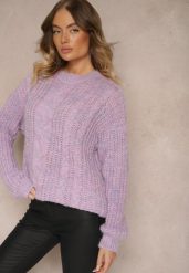 Fioletowy Sweter z Wełną Ozdobiony Tłoczeniem Ecrisevia. Fioletowe swetry klasyczne damskie Renee, z jeansu, bez kołnierzyka. Za 69.99 zł.