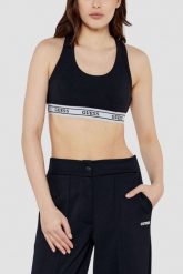 GUESS Czarny damski top sportowy Aline. Czarne koszulki sportowe damskie Guess, m, z aplikacjami, bez ramiączek. W wyprzedaży za 205.99 zł.