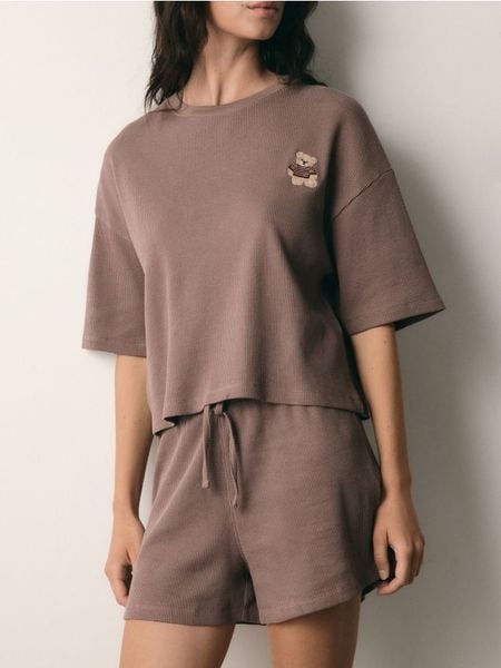 Waflowa piżama dwuczęściowa - brązowy. Brązowe piżamy damskie Reserved, bez wzorów, z bawełny, bez ramiączek. Za 99.99 zł.