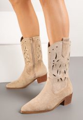 Beżowe Botki Vices na Słupku Kowbojki z Ażurową Cholewką Rivori. Brązowe botki damskie Renee, z jeansu, eleganckie, bez obcasa, na obcasie, bez zapięcia. Za 139.99 zł.