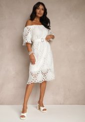 Biała Sukienka z Bawełną Ozdobiona Paskiem z Klamrą Tiavelle. Białe sukienki damskie Renee, bez wzorów, z bawełny, eleganckie, bez ramiączek. W wyprzedaży za 83.99 zł.