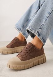 Jasnobrązowe Sneakersy Vices na Platformie z Ozdobą i Napisem Leawen. Brązowe obuwie sportowe damskie Renee, z jeansu, bez zapięcia. Za 89.99 zł.