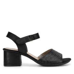 Sandały Rieker. Czarne sandały damskie Rieker, bez wzorów, bez obcasa, na słupku, bez zapięcia. Za 299.99 zł.