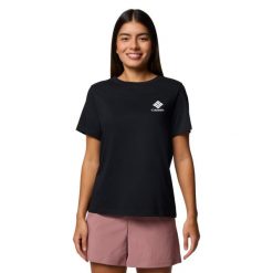 T-shirt sportowy z krótkim rękawem damski Rolling Bend Graphic SS Tee. Czarne koszulki sportowe damskie Columbia, s, bez wzorów, z bawełny, bez ramiączek. Za 99.99 zł.
