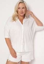 Biała Bawełniana Koszula z Krótkim Rękawem Tinalyni. Białe koszule damskie Born2be, l, bez wzorów, z bawełny, biznesowe, bez kołnierzyka, plus size, bez ramiączek. Za 79.99 zł.