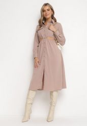 Beżowa Sukienka Koszulowa Pildia. Brązowe sukienki damskie Born2be, bez wzorów, z tkaniny, eleganckie, bez ramiączek. W wyprzedaży za 135.99 zł.