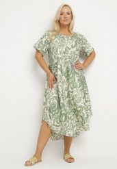 Zielona Rozkloszowana Sukienka z Wiskozy z Geometrycznym Wzorem Emisova. Zielone sukienki damskie Born2be, bez wzorów, z wiskozy, eleganckie, bez ramiączek. Za 109.99 zł.