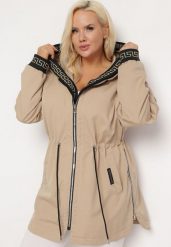 Ciemnobeżowa Kurtka o Fasonie Parki z Metalicznym Wzorem na Kapturze i Rękawach Anelvi. Brązowe kurtki damskie Born2be, plus size, bez wzorów, z kapturem. Za 159.99 zł.