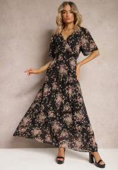 Czarno-Różowa Sukienka Kopertowa z Krótkim Rękawem Wiązana z Tyłu z Gumką w Talii Cristola. Czarne sukienki damskie Renee, bez wzorów, eleganckie, bez ramiączek. W wyprzedaży za 91.99 zł.
