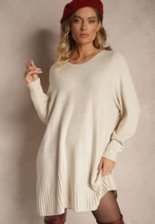 Jasnobeżowa Dzianinowa Sukienka z Wiskozą o Klasycznym Kroju Rinassa. Brązowe sukienki damskie Renee, bez wzorów, z dzianiny, eleganckie, bez ramiączek. W wyprzedaży za 79.99 zł.