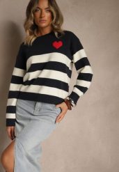 Granatowy Prosty Sweter z Domieszką Kaszmiru Zdobiony Wzorem w Pasy Tarvane. Niebieskie swetry klasyczne damskie Renee, z kaszmiru, bez kołnierzyka. Za 109.99 zł.