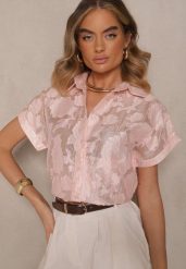 Różowa Koszula z Krótkim Rękawem Zdobiona Kwiatowym Wzorem Frorela. Czerwone koszule damskie Renee, m, z aplikacjami, eleganckie, bez kołnierzyka, bez ramiączek. Za 69.99 zł.