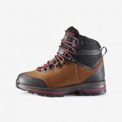 Buty trekkingowe damskie Forclaz MT100 szerokie, skóra, wodoodporne. Brązowe obuwie trekkingowe damskie FORCLAZ, z kauczuku, przed kolano, bez zapięcia. Za 469.99 zł.