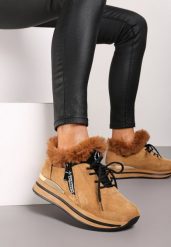 Ciemnobeżowe Sneakersy na Płaskiej Podeszwie z Napisem i Futerkiem Taricea. Brązowe obuwie sportowe damskie Renee, z jeansu, bez zapięcia. Za 84.99 zł.
