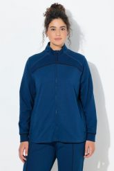Damskie Bluza rozpinana wstawki prążkowane stójka długi rękaw. Niebieskie bluzy damskie Ulla Popken, plus size, bez wzorów, z bawełny, z kapturem. Za 239.99 zł.