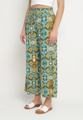 Zielone Spodnie Szerokie z Bawełny w Etno Print Tolivenna. Zielone spodnie materiałowe damskie Born2be, bez wzorów, z bawełny. Za 29.99 zł.
