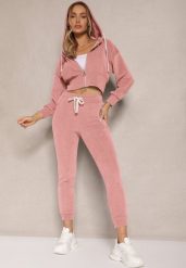 Różowy Komplet Dresowy z Bawełny Bluza z Kapturem i Spodnie Slim Inerisa. Czerwone bluzy damskie Renee, l, z aplikacjami, z bawełny, z kapturem. Za 119.99 zł.