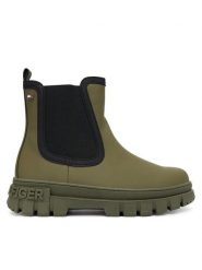 Tommy Hilfiger Botki T3X5-34130-1355414 Khaki. Brązowe botki damskie Tommy Hilfiger, z tworzywa sztucznego, bez obcasa, na płaskiej podeszwie, bez zapięcia. Za 389.99 zł.