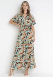 Zielono-Czarna Rozkloszowana Sukienka Maxi z Wiskozy Duslia. Zielone sukienki damskie Born2be, bez wzorów, z materiału, bez ramiączek. W wyprzedaży za 50.99 zł.